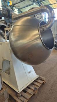 Set of ten stainless steel coating pans with capacities between 150 liters and 350 liters